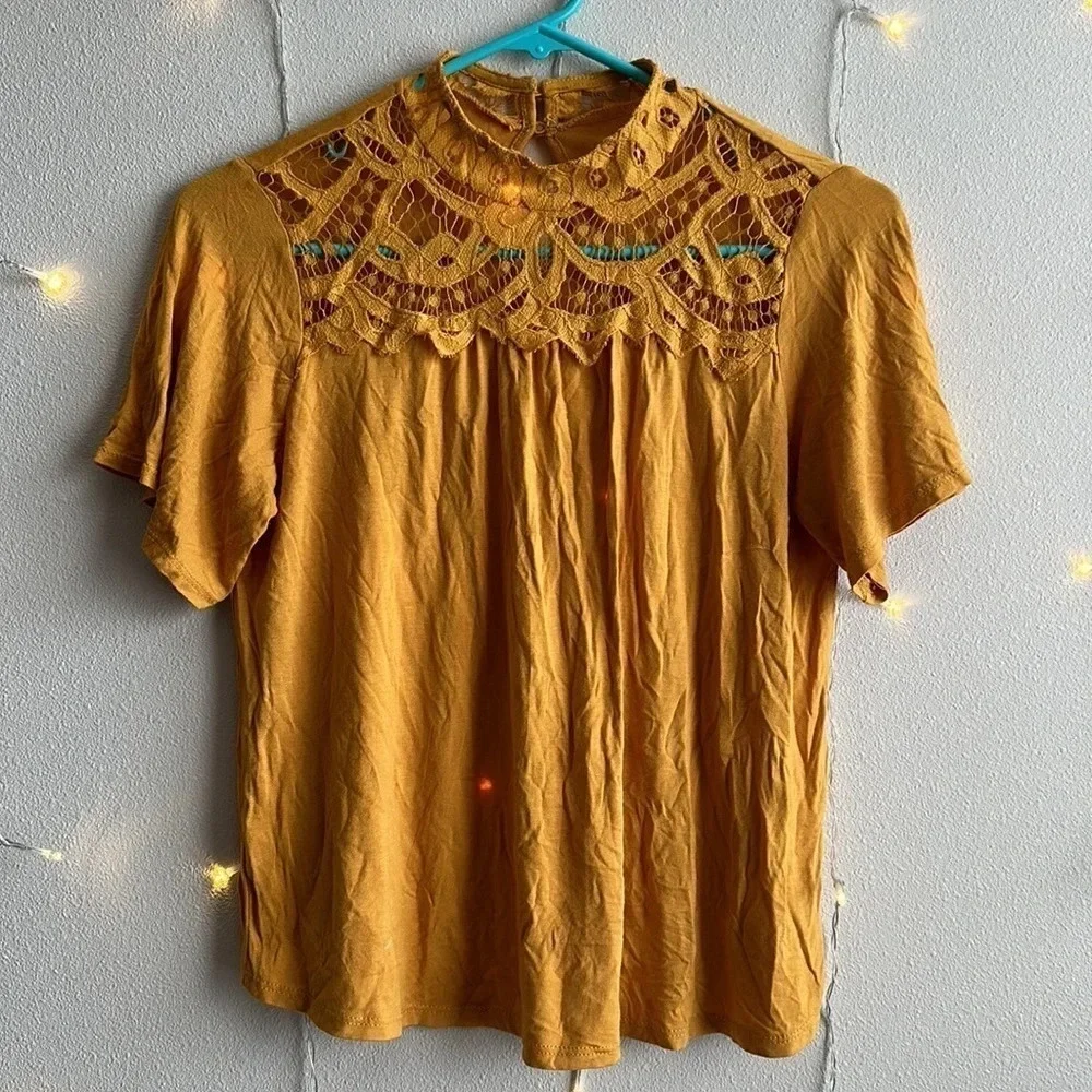 Girls Art Class Mustard Colored Top with Lace Detail